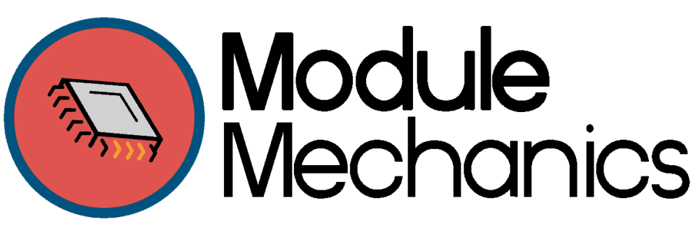 The MODULE MECHANICS logo features bold, modern typography with a mechanical theme, set against a clean background.