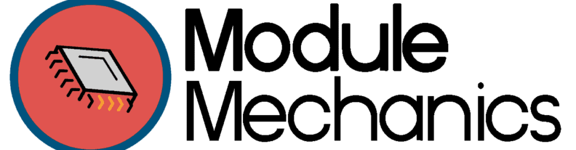 The MODULE MECHANICS logo features bold, modern typography with a mechanical theme, set against a clean background.
